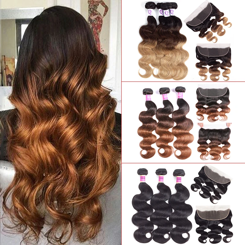 Ombre onda do corpo pacotes com frontal mel loira feixes de cabelo humano com frontal remy preto feixes de cabelo brasileiro com frontal