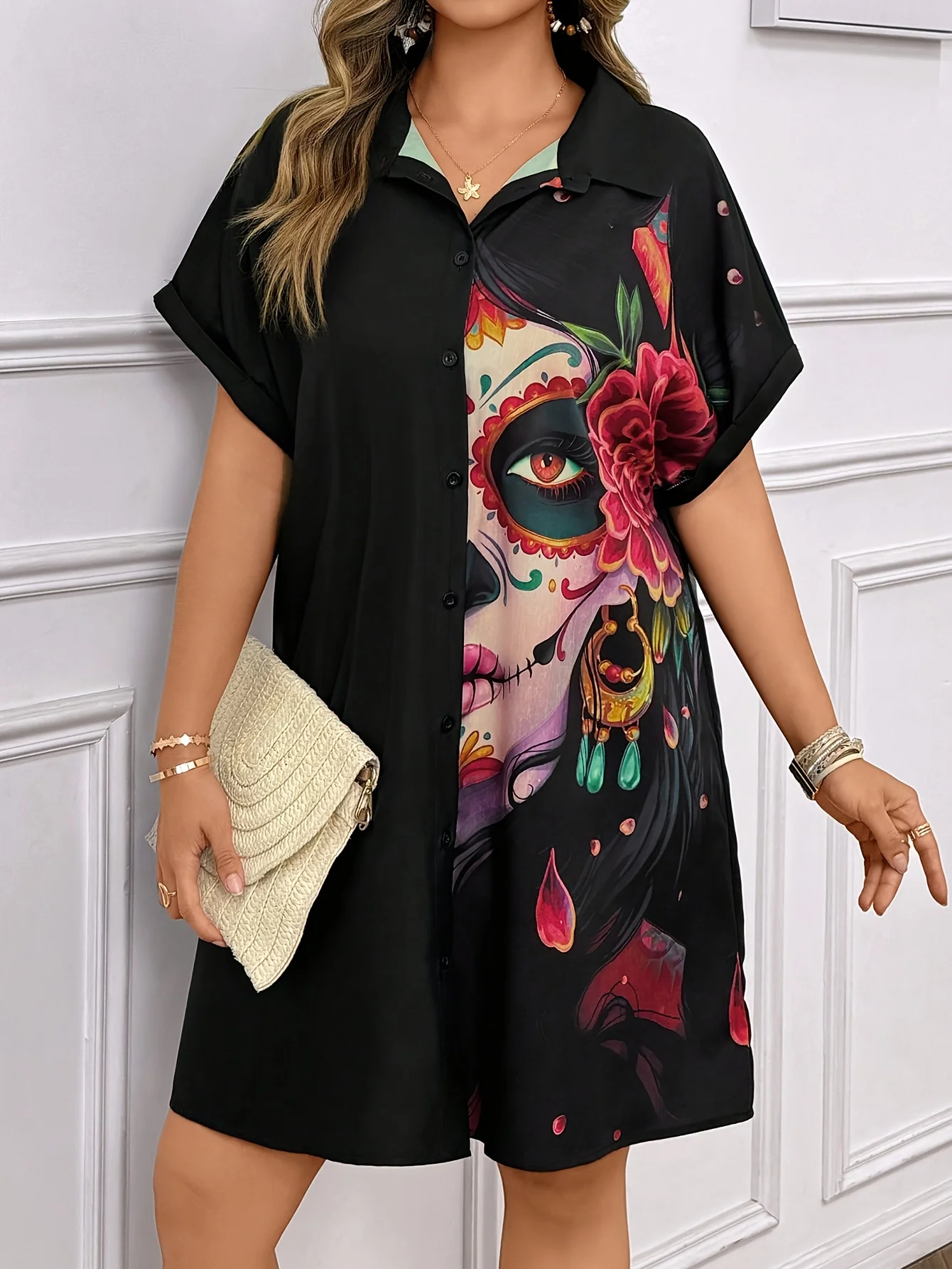 

Plus Size Black Skull Floral Print Shirt Dress, Drop Shoulder Button Down Casual Mini Dress