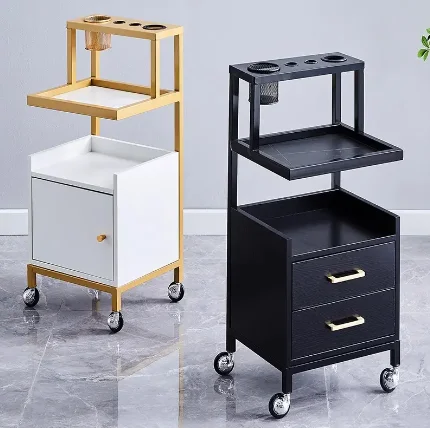 Black And Gold Saloon Equipments Hair Extension Metal Trolley For Beauty Salon