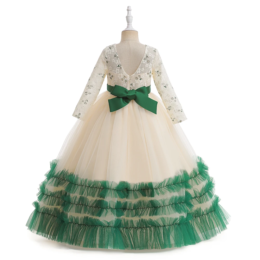 Elegant Girls Green Bow Christmas Carnival Tulle Clothes Kids New Birthday Baptism Party Dresses Children Daily Holiday Costume