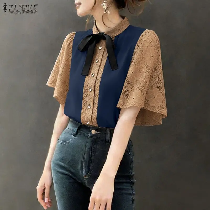 

ZANZEA Elegant Lace Patchwork Shirts for Woman Stand Collar Bow Detail Half Sleeves Chemises Femme 2026 Summer Button Up Blouses
