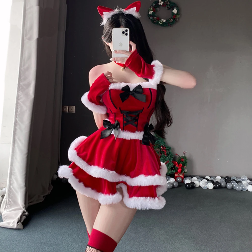 High Quality Women Christmas Dress Sexy Red Christmas Costumes Miss Santa Claus Uniform Xmas Cosplay Costume Lace-up Top + Skirt