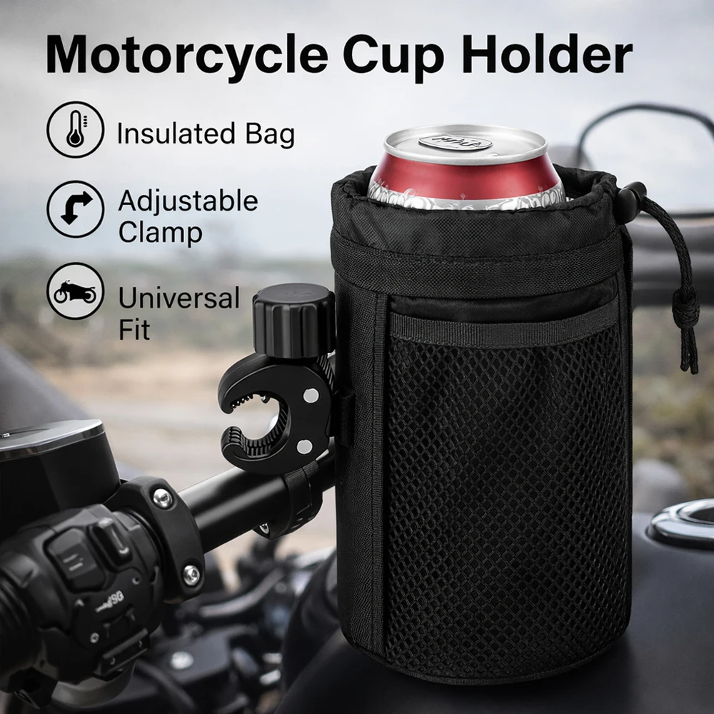 

Insulated Motorcycle Cup Holder Bag, Universal Handlebar Bottle Organizer with Adjustable Clamp For Scooter Bike Delivery