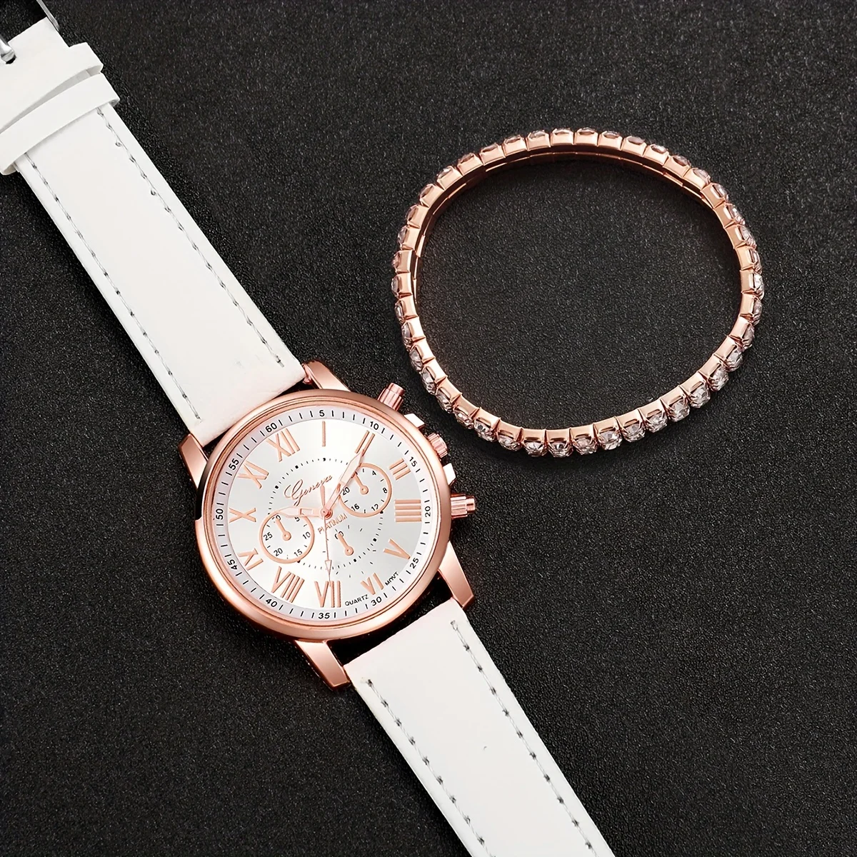 2 pçs relógios de quartzo branco pulseira de couro do plutônio ponteiro liga de zinco mostrador de liga de zinco e pulseira de strass jóias para mulher não