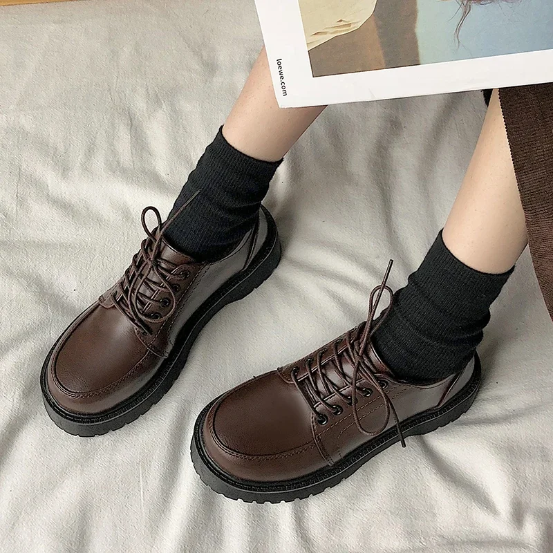 Spring Autumn Women Oxford Shoes Flat on Platform Casual Shoes Black Lace Up Leather Shoes Sewing Round Toe Zapatos Mujer