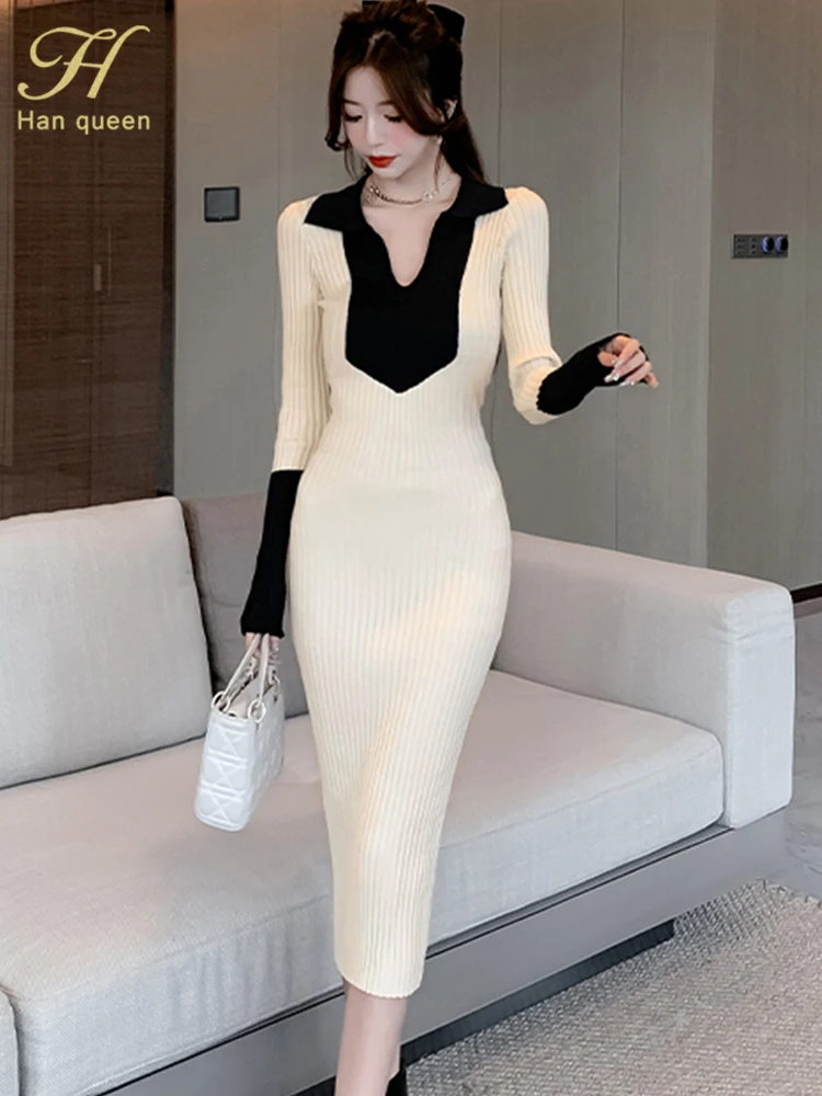 H Han Queen Autumn Dresses Korean Long Sleeve Vestido Elegant Fashion Color Blocking Knitted Office Party Casual Lace Dress