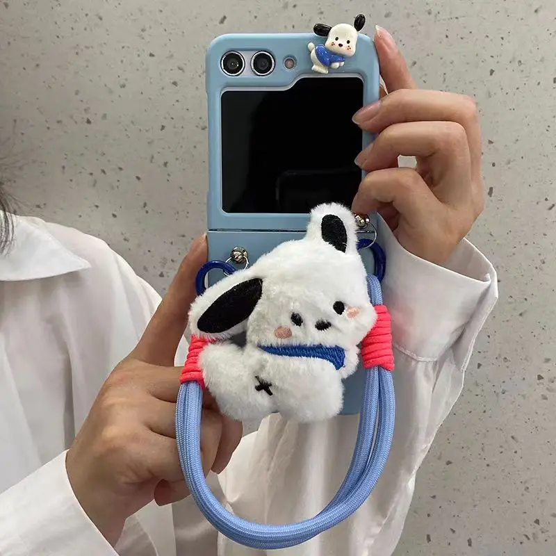Luxury Furry 3D Cute Dog Holder Phone Case For Samsung Galaxy ZFlip7 Z Flip 6 ZFlip 5 Flip4 3 5G Portable Rope Chain Cover