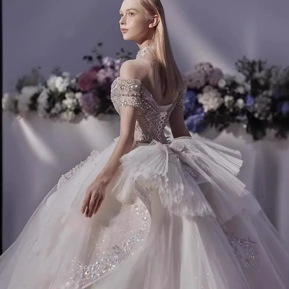 White Ball Gown Princess Wedding Dresses 2026 High Neck Long Sleeves Vestido De Novia Lace Sequined Luxury 15 Quinceanera