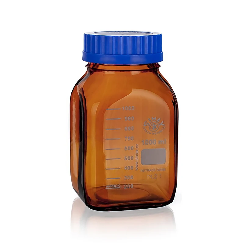 SIMAX REAGENT BOTTLE WITH GL80 with blue PP cap with blue PP outlet ring, Brown colored borosilicate glass, 1632414825