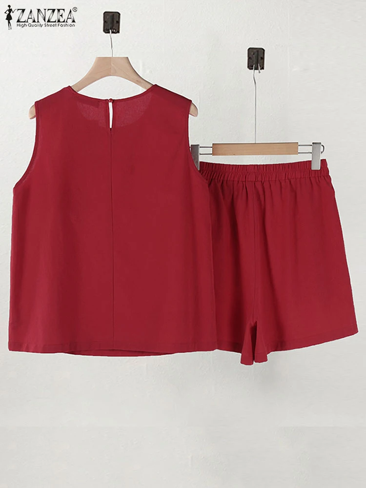 ZANZEA-Tenue 2 pièces en coton pour femme, haut précieux pour les vacances, tenue décontractée, documents solides, ensembles courts d'été, ensemble Y et short, 2 pièces, 2024