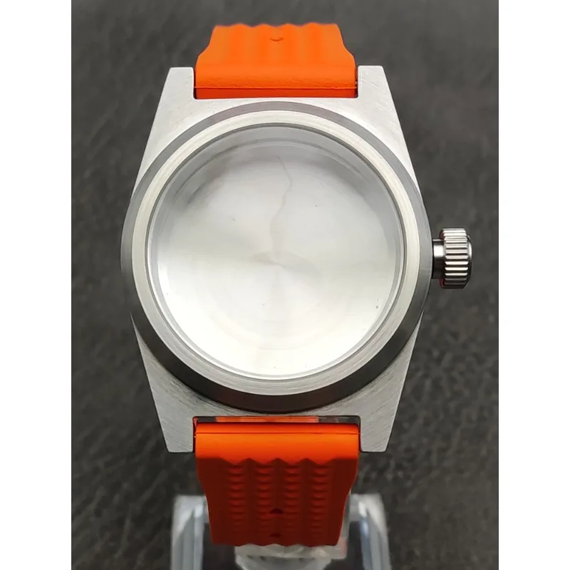 38MM Men's Watch Case for NH35 Movement Brushed Orange Silicone Strap Sapphire Mirror