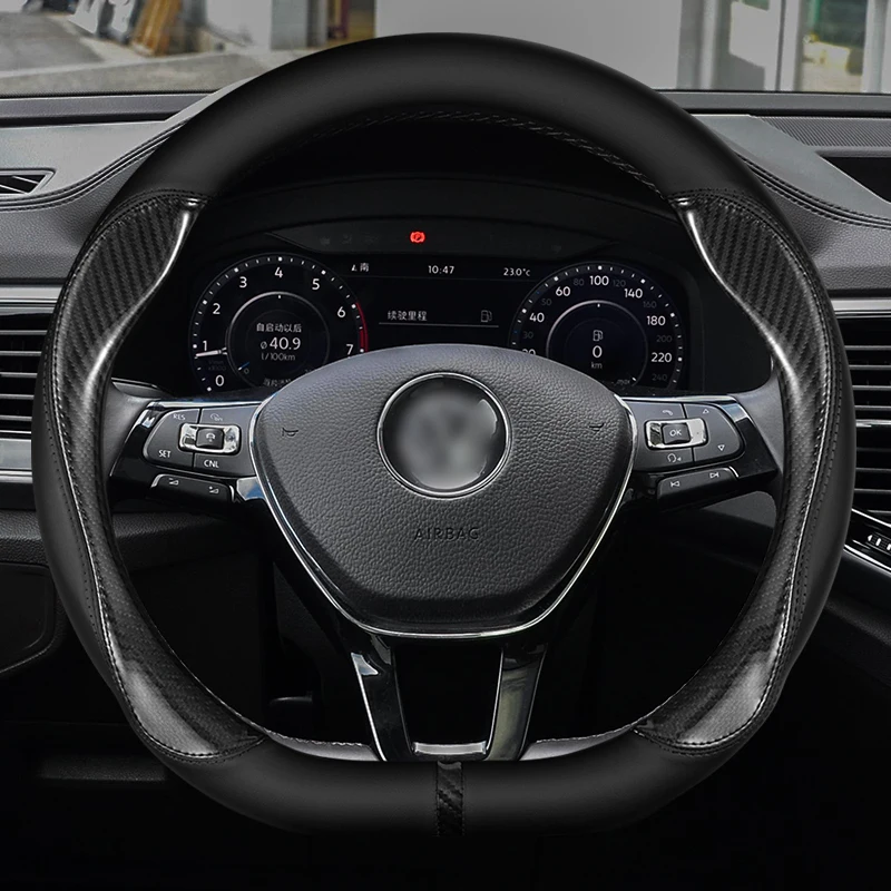 38cm Anti-Slip Leather Steering Wheel Cover for VW Sharan, Passat, Caddy, Touran, Tiguan, Golf, Polo, Teramont, Atlas,T-Roc Cars