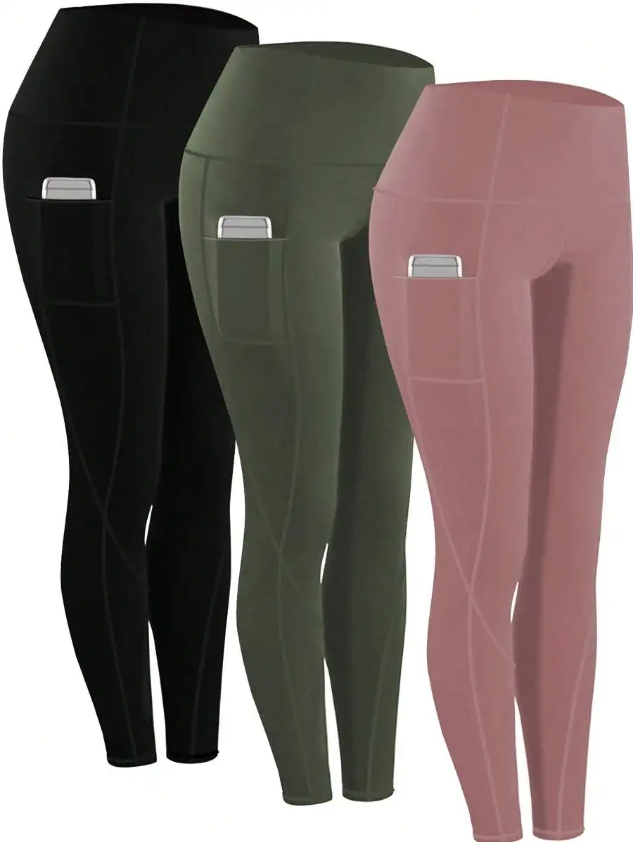 3-Pack High-Waisted Yoga Leggings with Side Pockets, Stretchy Compression Fit