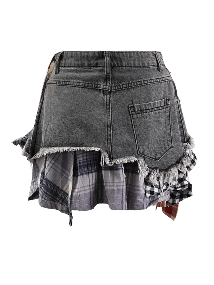 DEAT Fashion Women\'s Denim Skirt Colored Plaid Patchwork Irregular Deconstructed A-line High Waist Mini Skirts Summer 2024 New