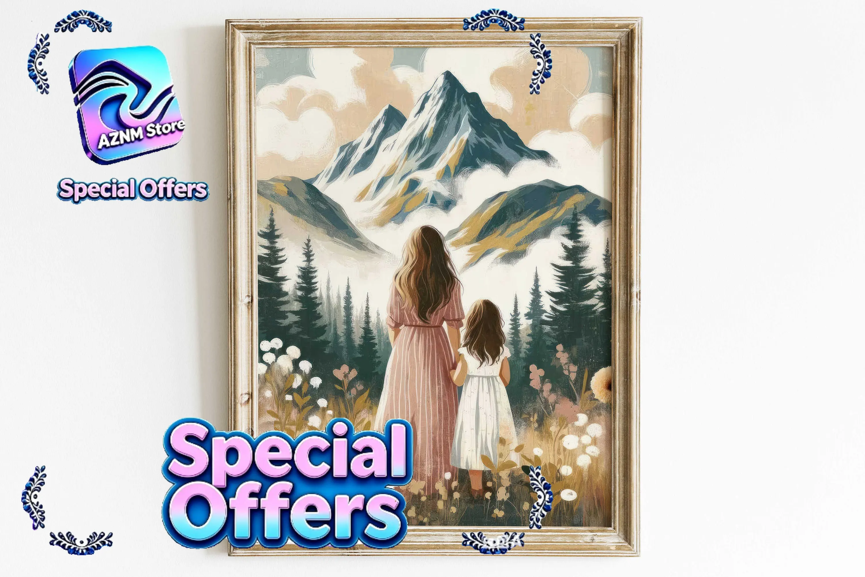 (1pc frameless)Mom & Child Wall Art Print Mother Daughter Son Portrait Printable Family Artwork Canvas Painting Living Room B