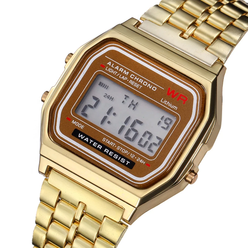 2PC Gold &  Stainless Steel Digital Alarm Stopwatch Wrist Watch Gift