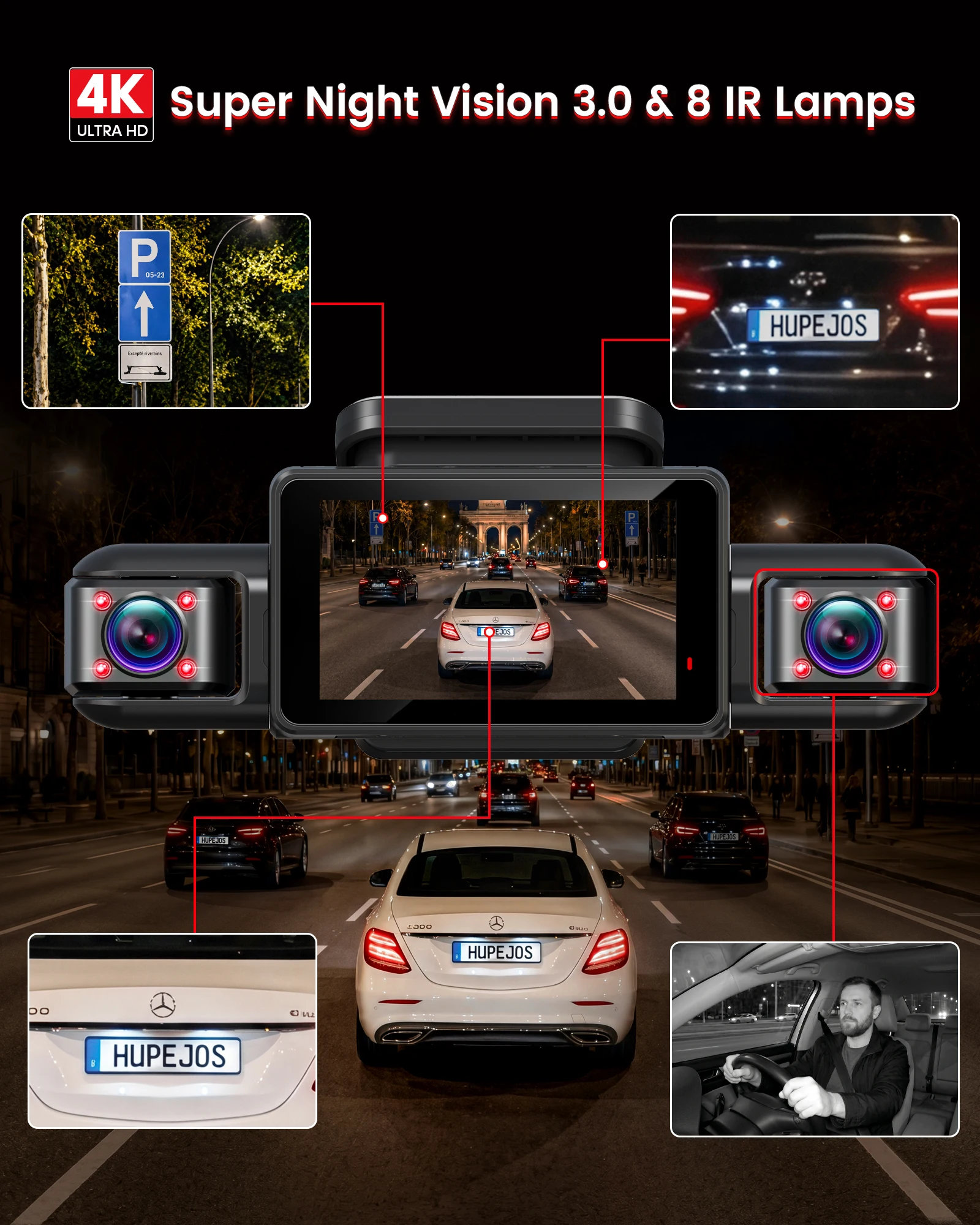 HUPEJOS V9 4CH 360° ° 4K Dashcam, KI-DMS-Monitor, WLAN & GPS, Nachtsicht, Touchscreen & Sprachsteuerung, 24/7 Parkmodus – Detail 5