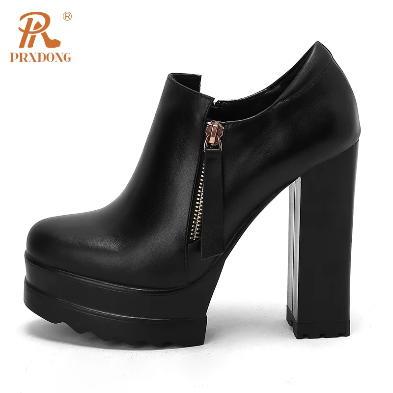 PRXDONG New Fashion Genuine Leather Spring Autumn Women Pumps High Heels Thick Platform Shoes Black Beige Dress Party Office 40