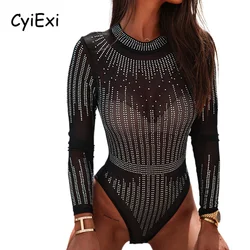 CyiExi Women Black Rhinestone Long Sleeve Bodysuit Sexy Sheer Mesh Bodycon Bodysuits Female Night Club Wear Skinny Body Tops XL