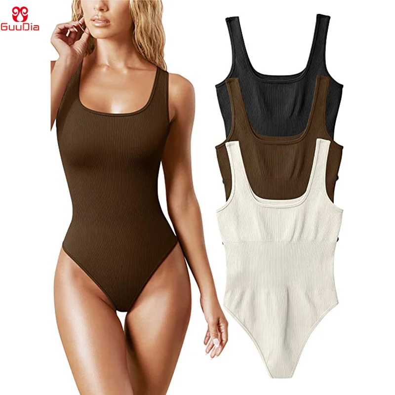 GUUDIA Ribbed Tummy Jumpsuit Daily Shaper Bodysuits Light Control Compress Tummy Control Open Crotch Shapewear Suits Open Crotch