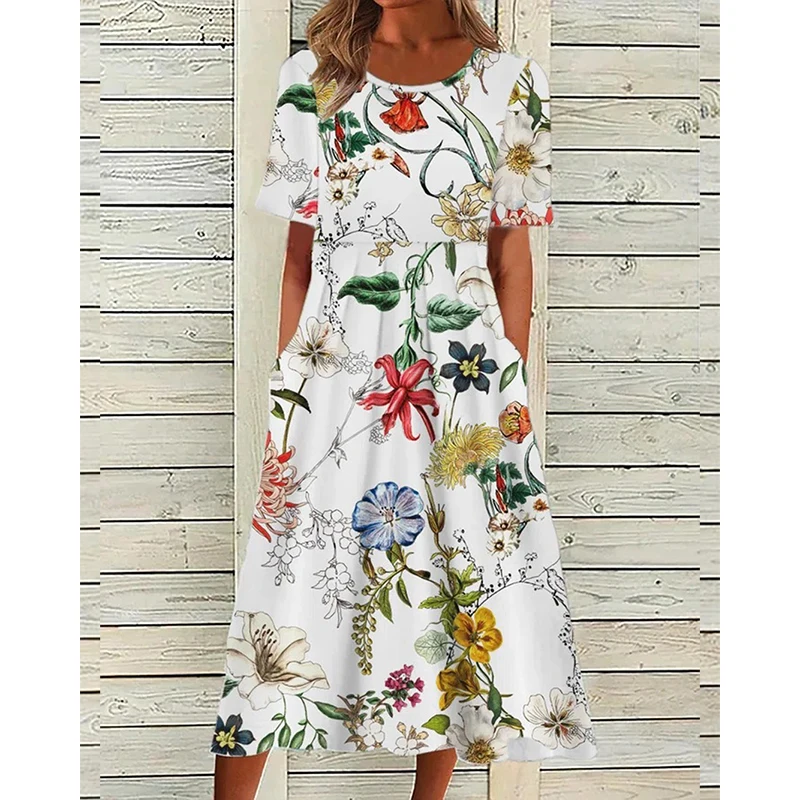 Elegante boho feminino verão maxi vestido longo casual solto floral impressão o pescoço praia vestido de férias manga curta vestidos de bolso