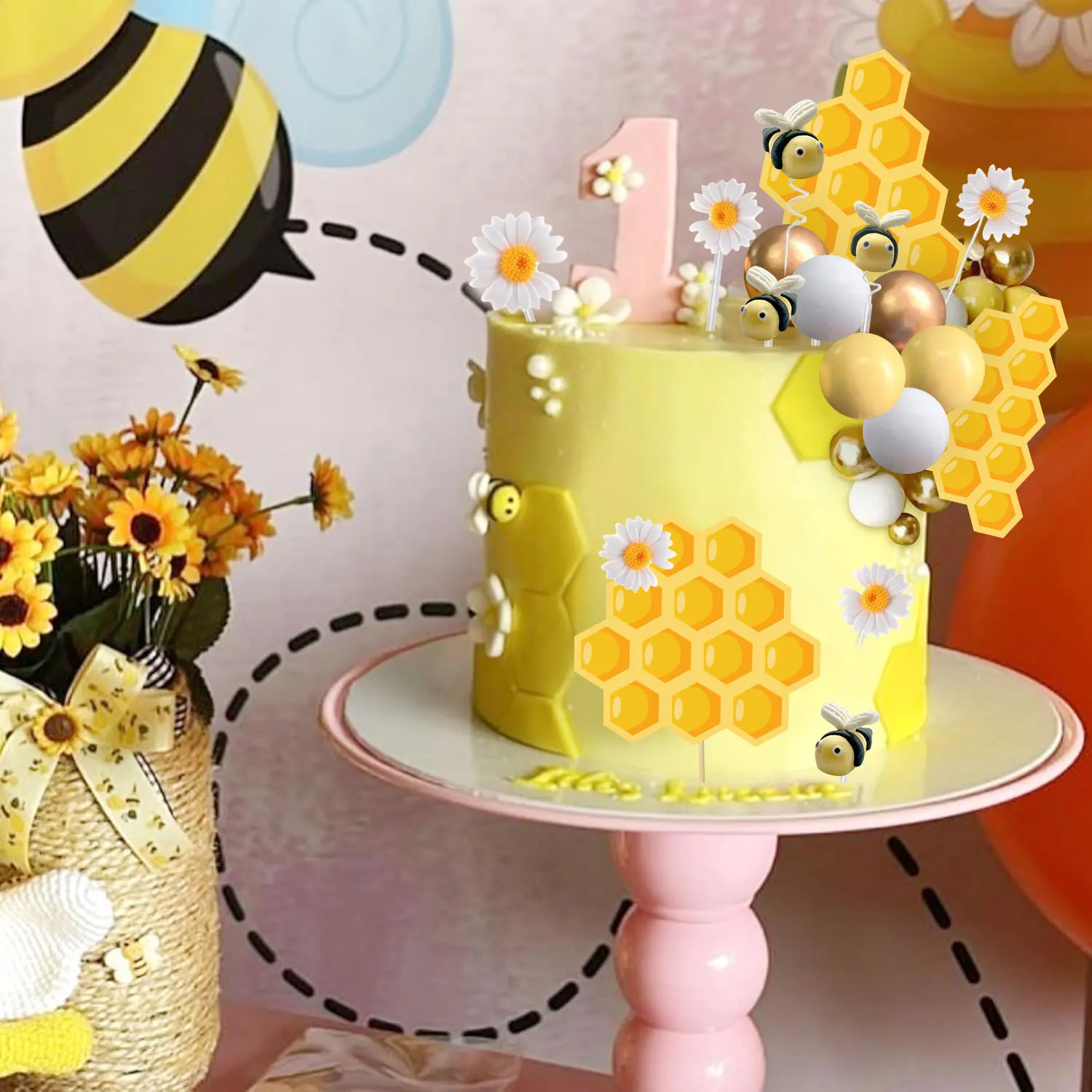 Biene Kuchen Topper Honig Glas Kuchen Topper Waben Kuchen Dekorationen für Baby Dusche Biene Thema Geburtstag Party Dekoration Lieferungen – Detail 12