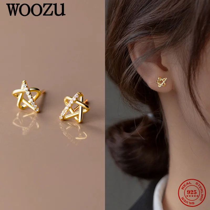 WOOZU Real 925 Sterling Silver Unusual Cute Star Cubic Zircon Stud Earrings For Women Elegant Punk Party Exquisite Jewelry Gift