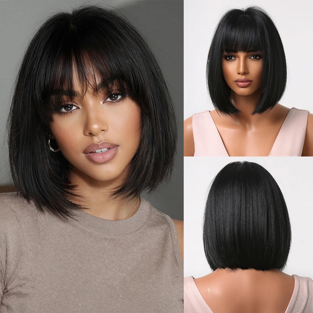 

HENRY MARGU Short Straight Synthetic Wigs Natural Black Hair Wig with Bangs for Women Daily Cosplay Party Heat Resistant Fiber