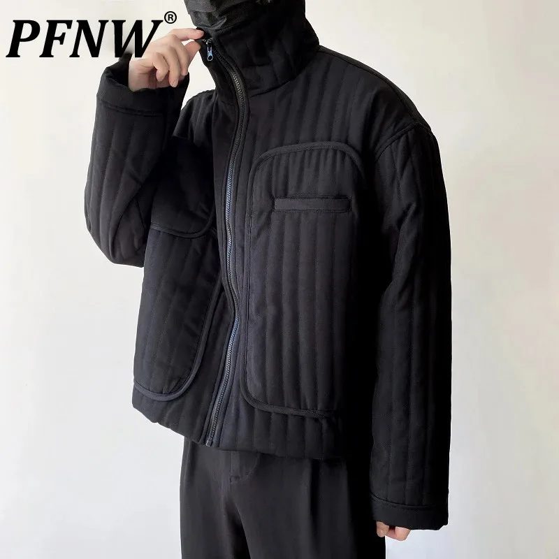 PFNW Winter Dark Style Stand Collar Men's Short Cotton Padded Clothes 2024 New Male Simple Solid Color Unique Pocket Coat 9A6137