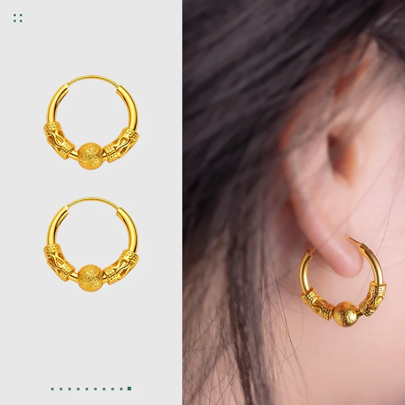

Popular AU999 Design Retro Transport Bead Earrings Earrings Female Hollow Bead Clip Style Versatile 24k Earrings