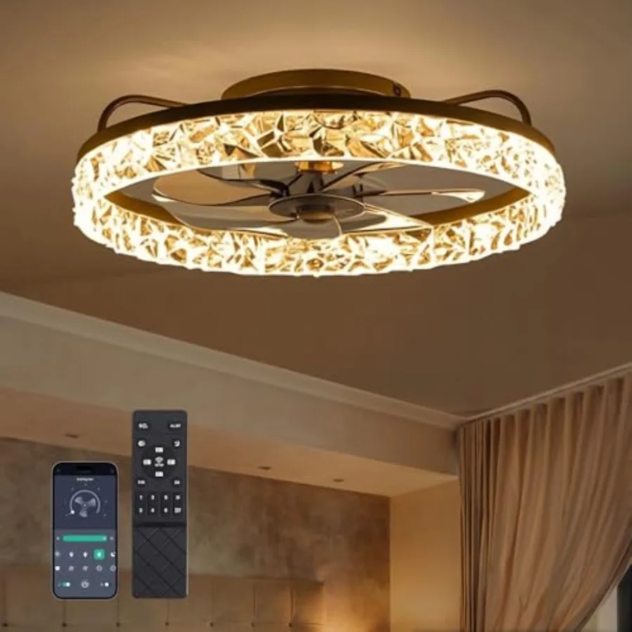 

Ceiling Fans with Remote and Lights Fandelier - Modern Low Profile - 20'' Flush Mount Ceiling Fans for Bedroom, 6 Speeds and St