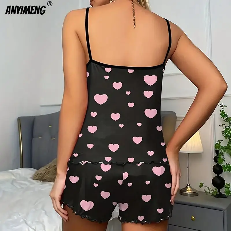 Women Pajamas Sleepwear Pajama Set Camisole Shorts Pink S-XL Heart Print Scoop Neck Cami Top Ice Silk Comfortable Casual Summer