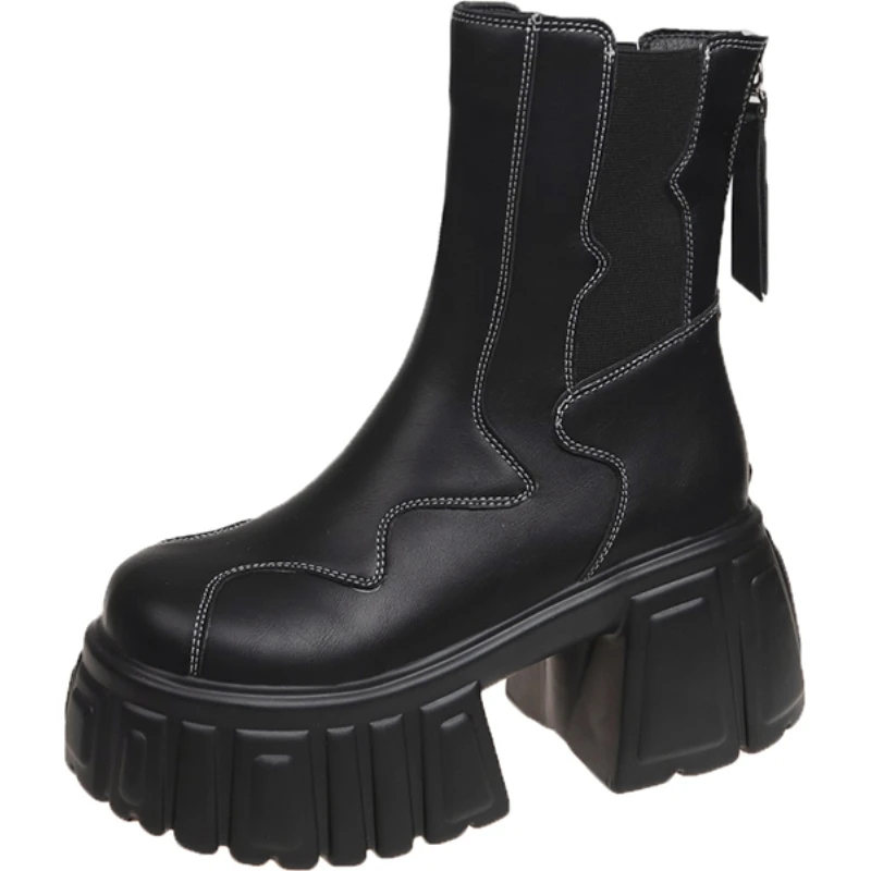 

Зимние женские теплые ботильоны на меху, дизайнерские кожаные ботильоны на массивном каблуке, новинка 2025, трендовая готическая платформа, плюшевые мотоциклетные ботинки Botas Mujer