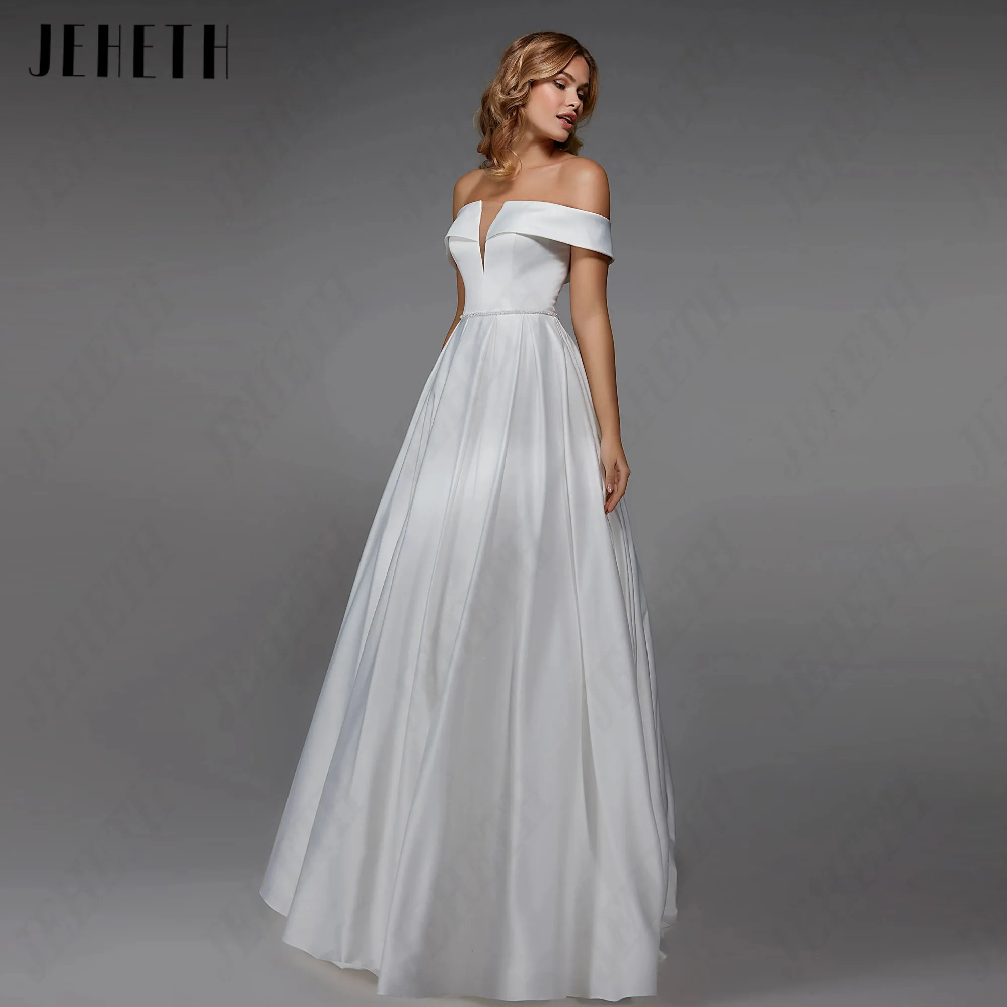 JEHETH Minimalism Satin Ballgowns Off Shoulder A-Line Floor Length Wedding Dress for Bride Backless robe de mariée Customized