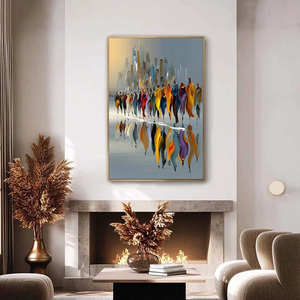 Frameless Canvas Painting Abstract Cityscape Painting, Colorful People Walking Wall Arts, Modern Urban Artwork, Living Room Home