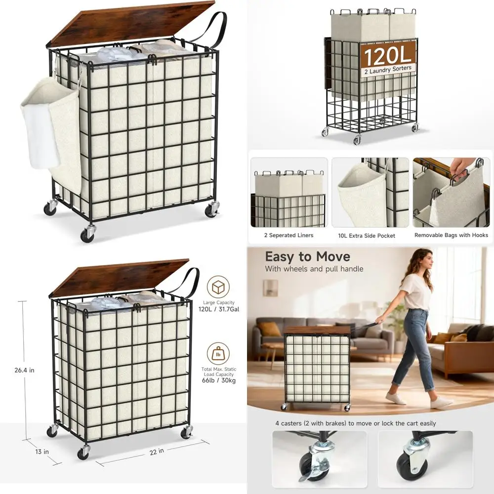 سلة غسيل دوارة شديدة التحمل مع فارز وسعة كبيرة، غطاء خشبي، عجلات 360 درجة لسهولة المناورة