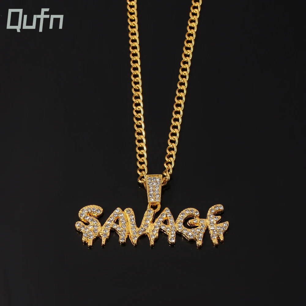 Bling Bling Savage Letter Pendant  Necklace Shiny Ice Out Link Chain Necklace With Tennis Chain Choker Hip Hop Jewelry for Men