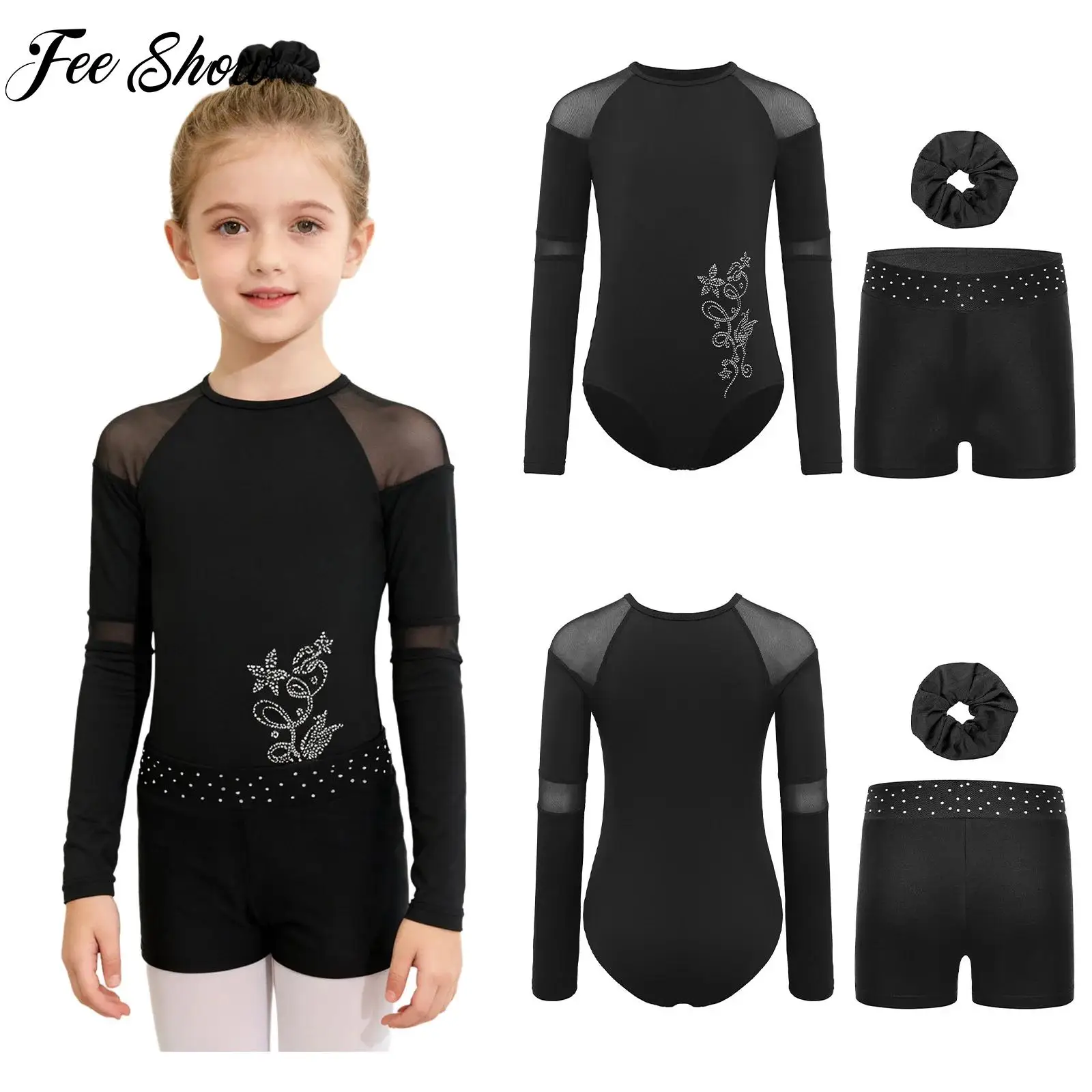 

3Pcs Girls Ballet Dance Outfit Figure Skating Gymnastics Dancewear Long Sleeves Leotard+shorts+Hair Band Set Performance Costume