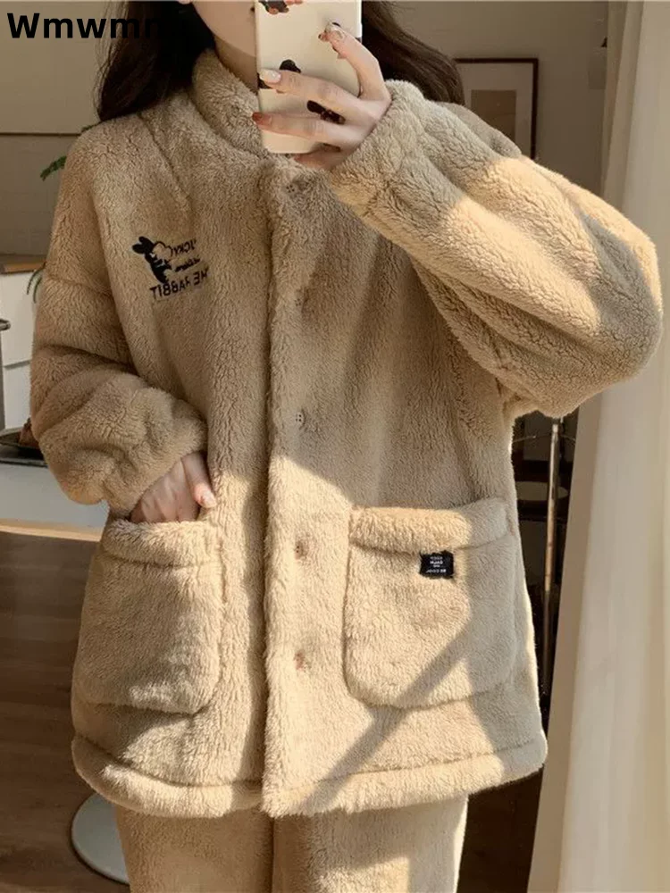 

Мешковатая фланелевая теплая одежда для сна, комплект из 2 предметов, женский повседневный свободный кардиган, Conjuntos, толстый мягкий домашний костюм, брюки, ансамбли