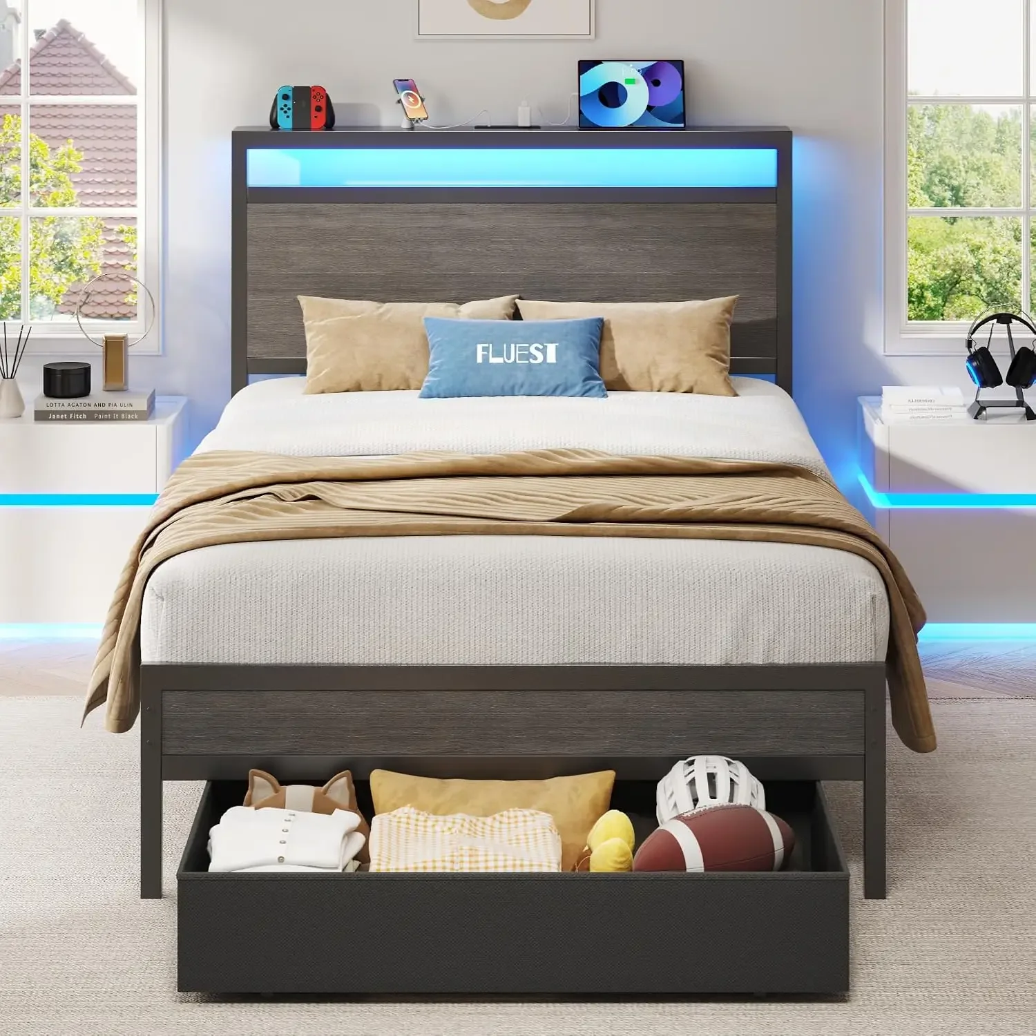 BestsellerTwin Bed Frame,Twin Bed Frame with Storage Headboard & Storage Drawer, Charging Station & LED Light, No Box Spring Nee
