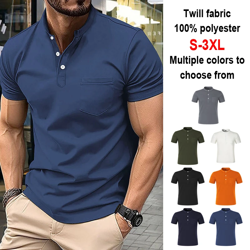Herren Henley Poloshirt Kurzarm Knopfleiste Lässiges Oberteil mit Brusttasche Atmungsaktive Polyester-T-Shirts für den Täglichen Sommergebrauch – Detail 2