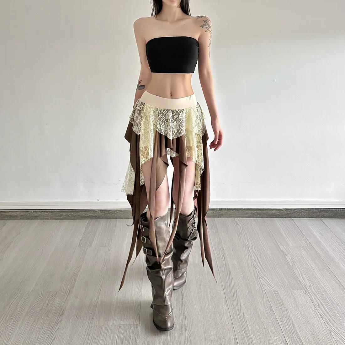 High Quality Hot Selling Wholesale Summer New Lace Splicing Irregular Tassel Contrasting Color Fashionable Short Skirt Women Y2K