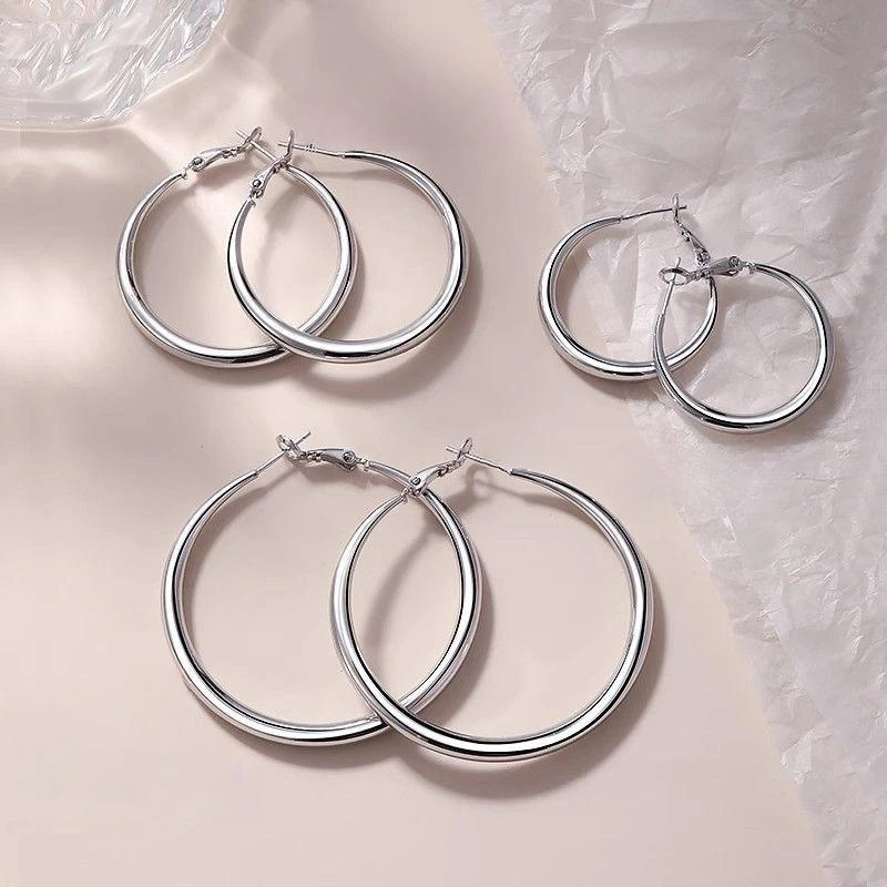 Classic Silver Color Large Hoop Earrings for Women Smooth Plain Round Circle Earrings Simple Basic Jewelry