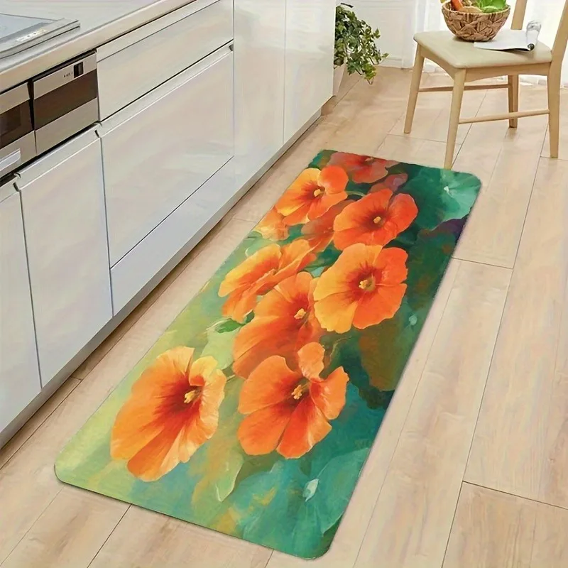 

1PC Vibrant Floral Bloom Kitchen Rug Non-Slip Door Mat Pop design Bathroom Rug Bath Mat Carpet for Home Sink Laundry Decor