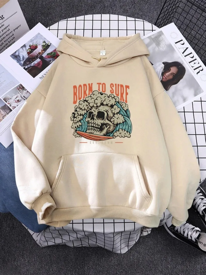 Womens Hoodies Fashion Loose Hoody Casual Fleece Sweatshirt Harajuku Trendy Sportswear Burn To Surf Even Facing Dead Printed