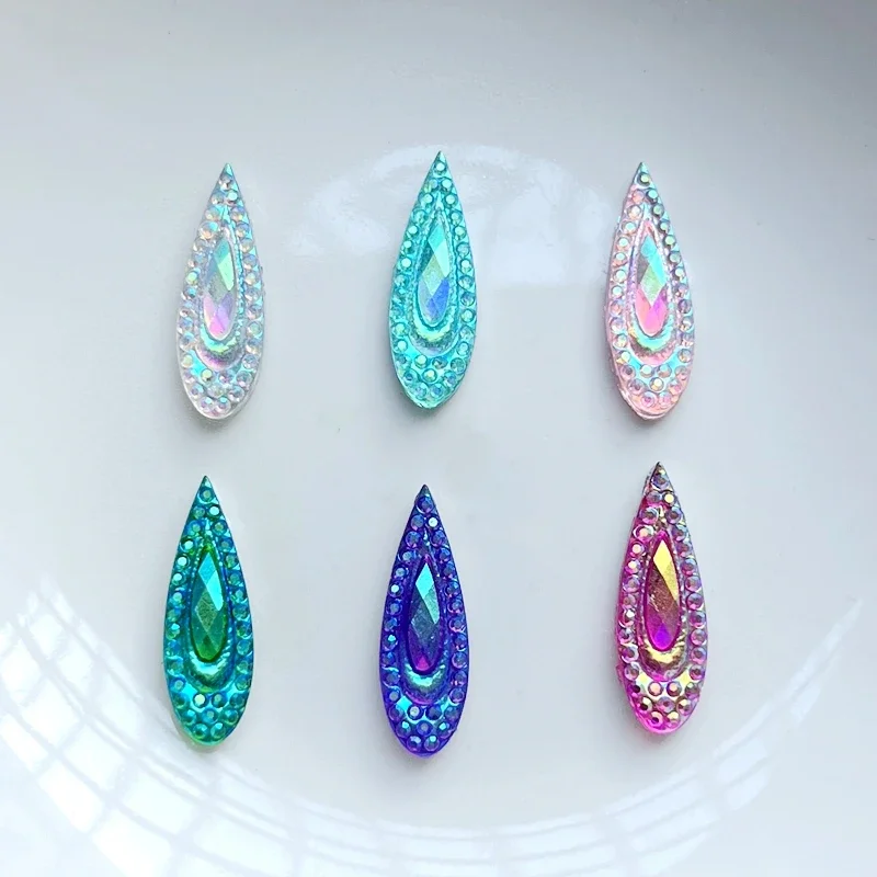 60pcs 6 * 20mm Shiny Water Drop AB Resin Water Diamond Peacock Eye Flat Back DIY Wedding Decal Decoration nail art decorations