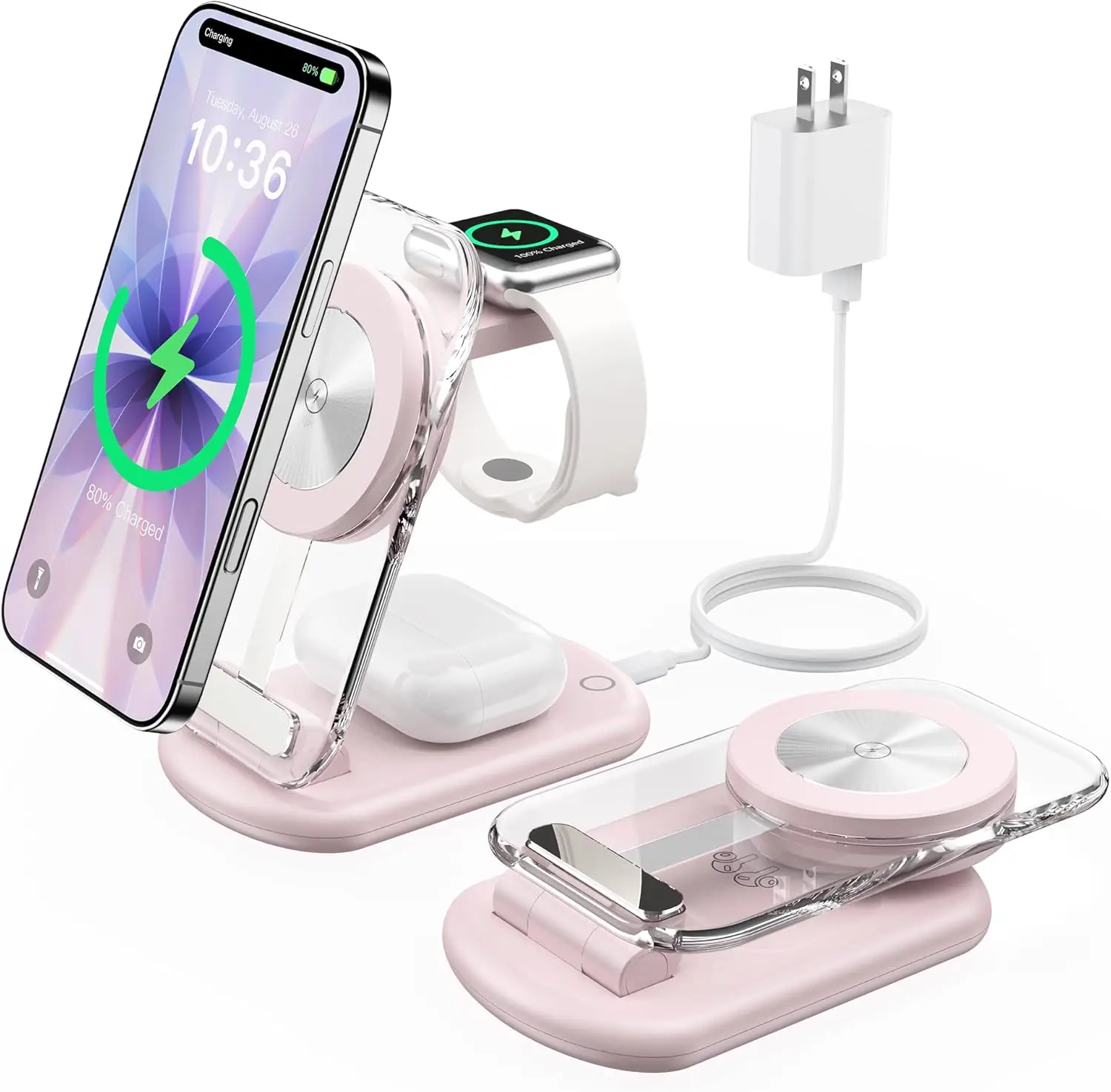 

3 in 1 Magnetic Wireless Charging Station, Fast Foldable Travel Mag-Safe Charger Stand with Night Light