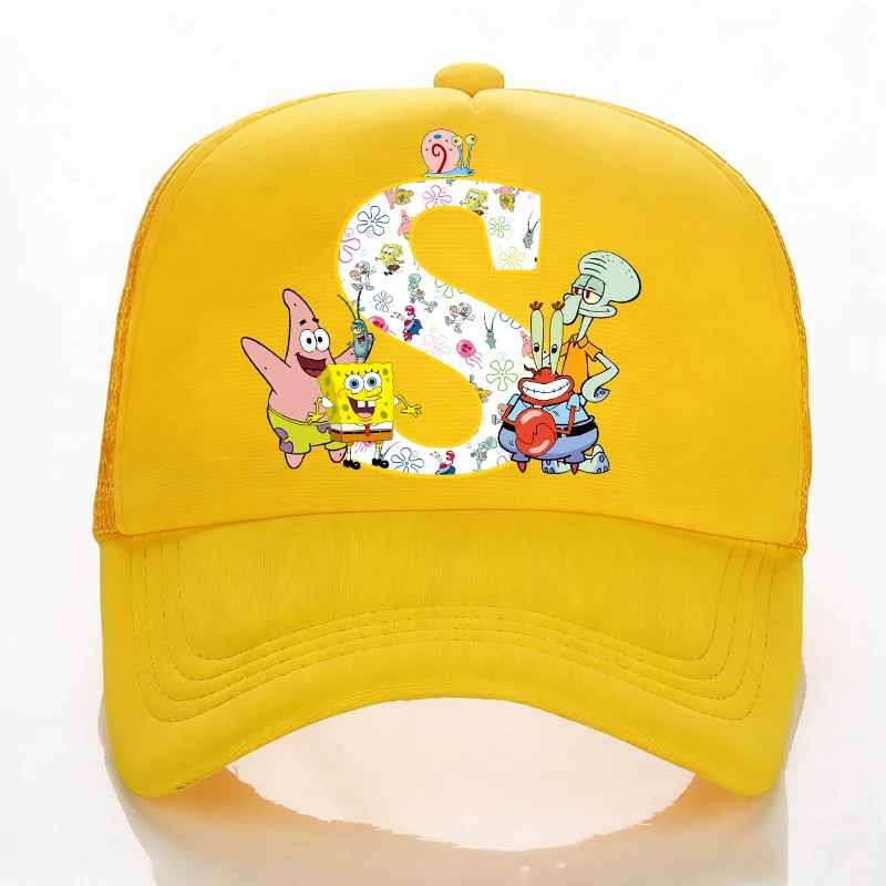 

Бейсболка Губка Боб для детей и взрослых, летняя, для спорта на открытом воздухе, солнцезащитная, с милыми буквами A-Z, дышащая сетчатая кепка, подарок