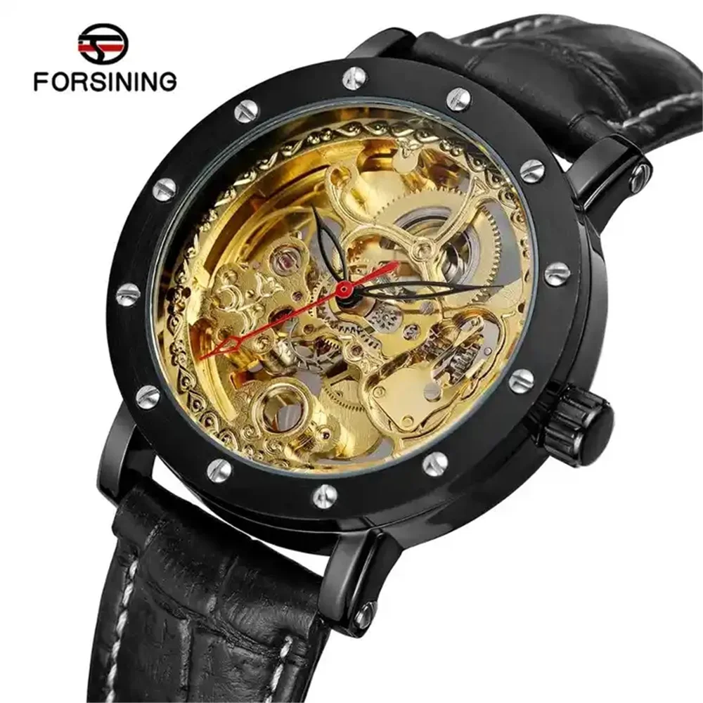 Forsining 205L Luxury Men\'s Automatic Factory Business Mechanical Watch Leather Skeleton Hollow Clock Waterproof Discount