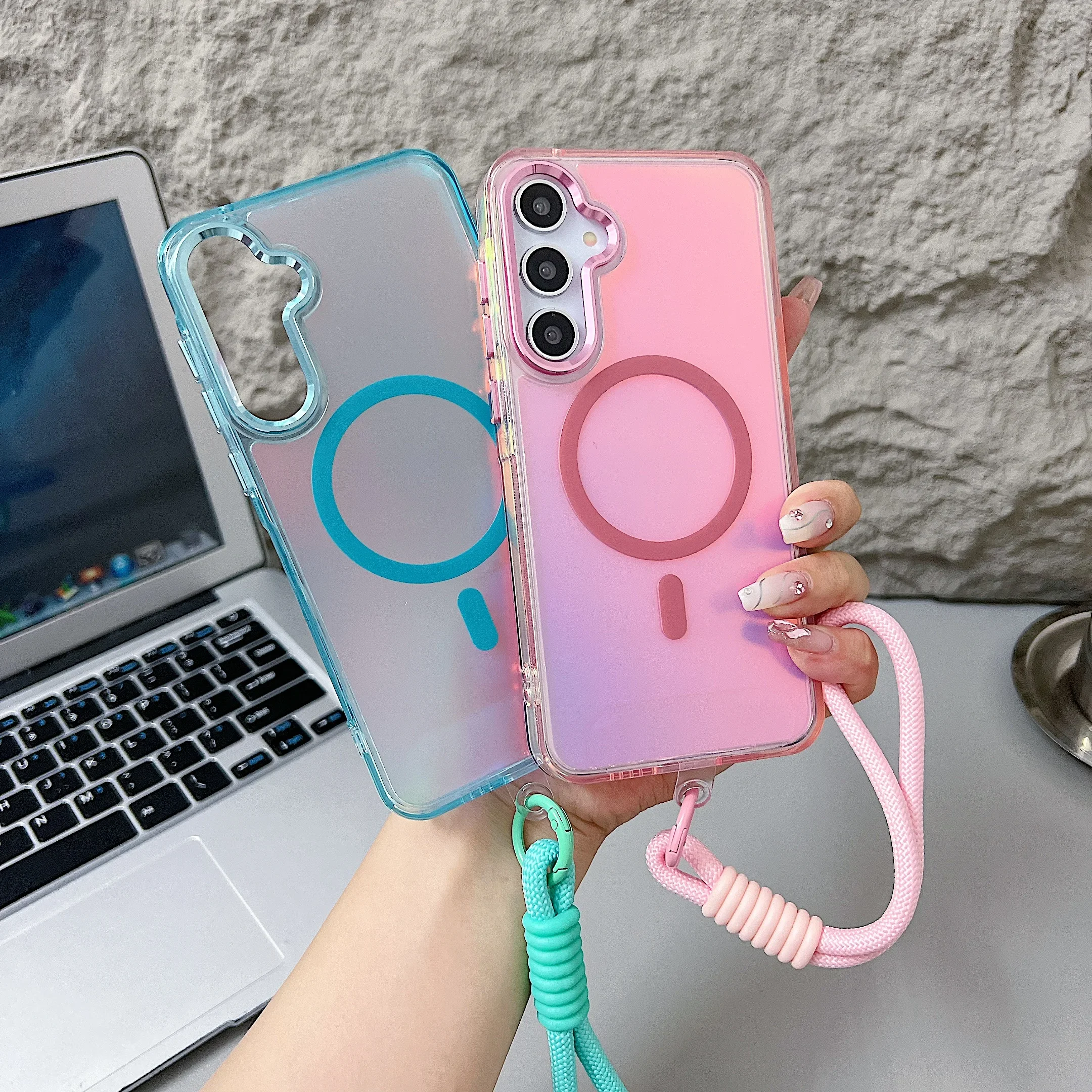 Hot Fashion Laser Gradient Magnetic Lanyard Shockproof Case for Samsung A55 A16 A54 A53 A35 A25 A15 A56 A36 A26 5G Magsafe Cover - náhled 6